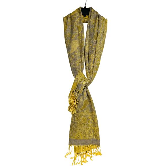 Pashmina Scarf Gold Gray Paisley w/ Fringe Washable NWT - Picture 3 of 8